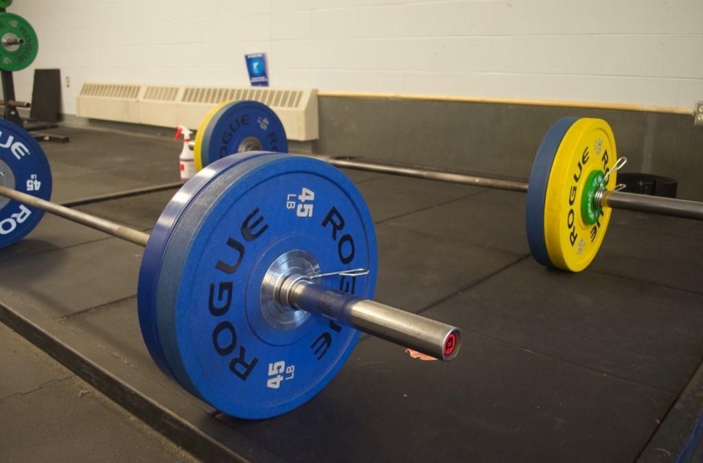 A picture containing sport, barbell, indoor, blue
Description automatically generated