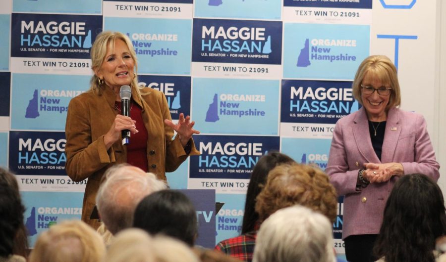First lady Jill Biden (left) offered support to Sen. Maggie Hassan (right), D-New Hampshire,  and other Democrats seeking election this year in a stop at the New Hampshire Democratic Coordinated Campaign field office in Portsmouth Saturday, Oct. 29, 2022.
