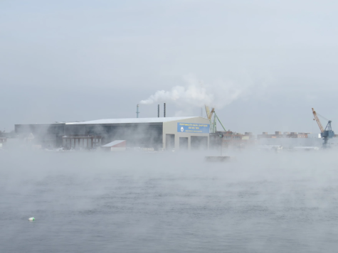 Portsmouth Naval Shipyard on a freezing New Hampshire morning.