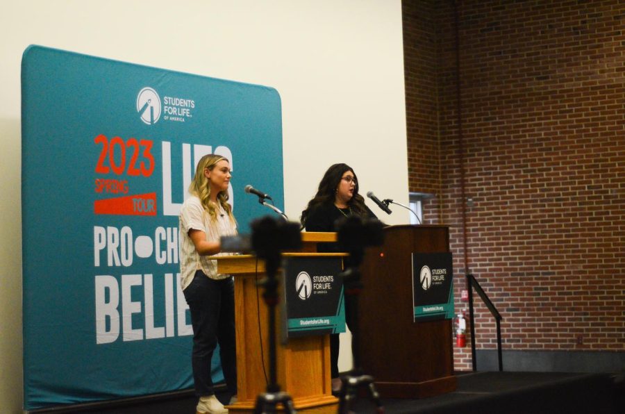 Isabel Brown (left) and Kristan Hawkins (right) present Lies Pro-Choicers Believe in the Strafford room at UNH on 4/18/23.