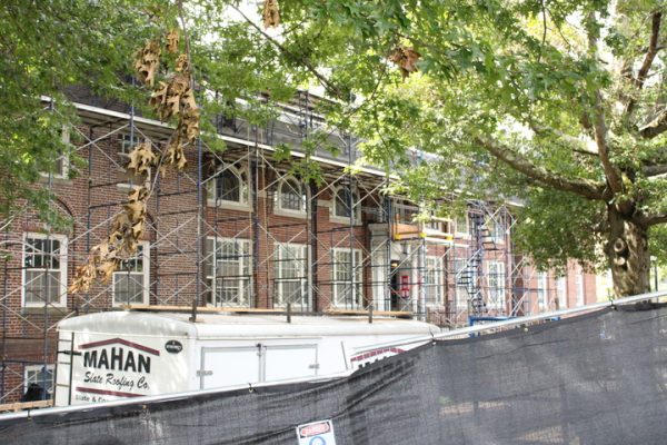 The exterior of Huddleston Hall as renovations are ongoing.