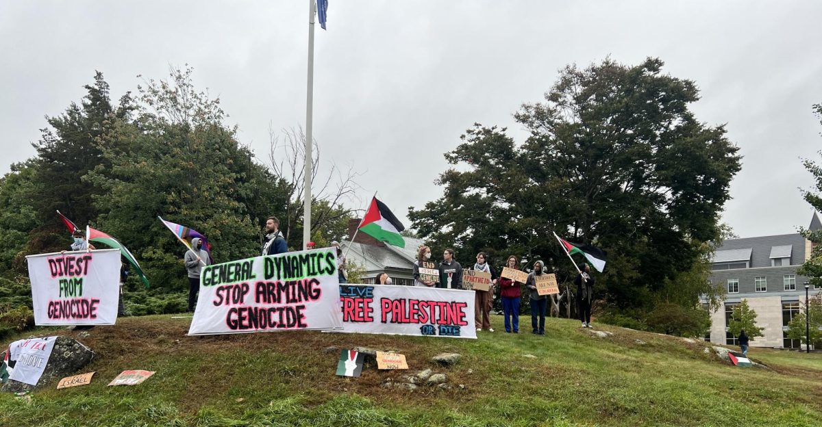 Protestors gathered in front of Holloway Commons to pressure the university to cut ties with weapons manufacturers at the university's Career Day.